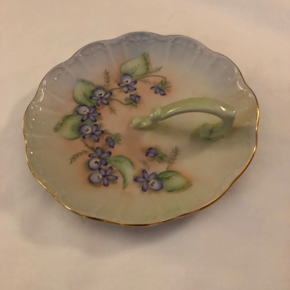Vintage Hand-Painted Violet Floral Porcelain Handle Nappy/Trinket Dish